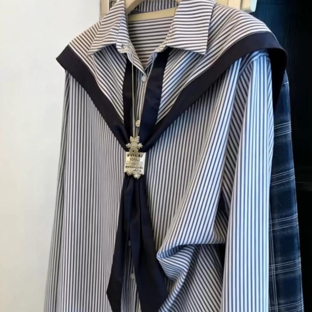 Blue White Stripe Sailor Collar Shirt - Picture 4 of 4